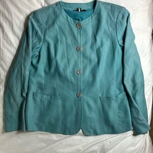 Lafayette 148 New York Teal Virgin Wool Blend Blazer Jacket Size 14